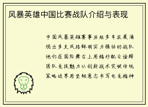 风暴英雄中国比赛战队介绍与表现